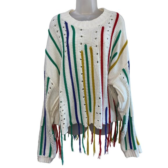 Davi & Dani Multicolor Fringe Knit Sweater L Relaxed Fit Long Sleeve Ivory - Picture 7 of 11